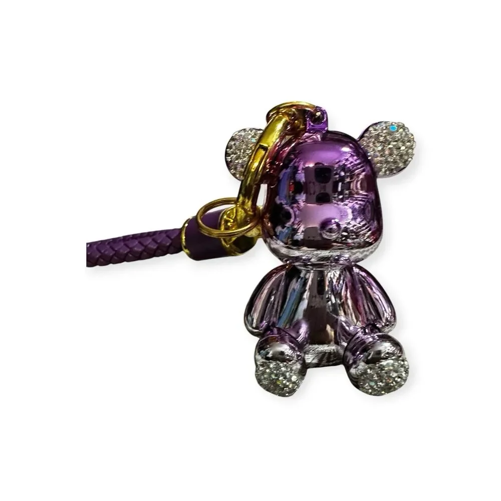 Teddy Bear Rhinestone Purple Bling Keychain Bag Charm, Wristlet